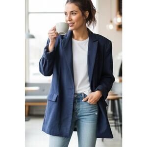Open Edit oversize linen blend blazer one button pockets Navy